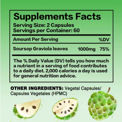 Soursop Graviola Capsules 1000mg – 120 Vegan Caps Immune & Cell Support